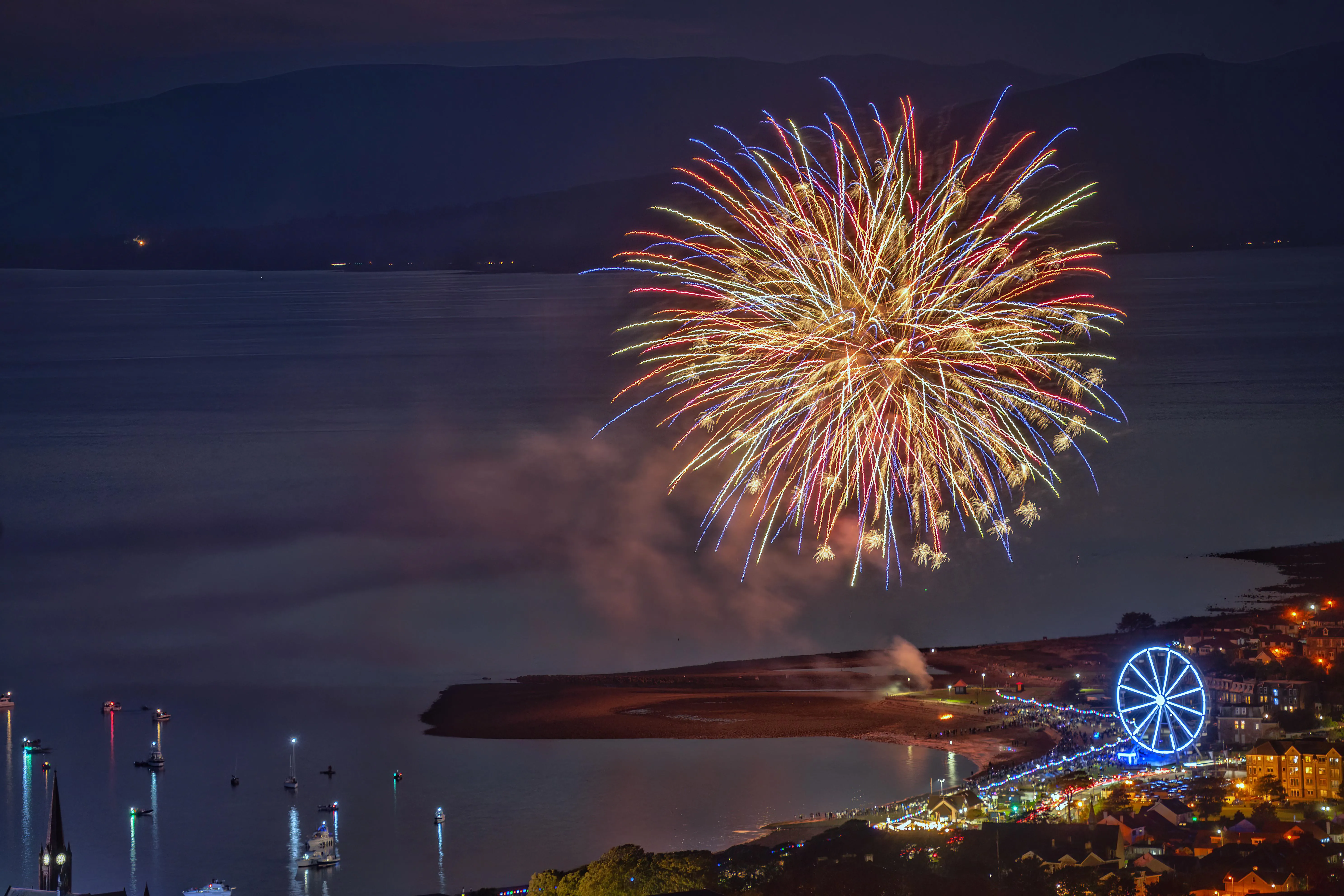 Aerial view of fireworks in Largs at night